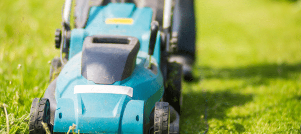 une tondeuse en train de réaliser la tonte d'herbe d'un jardin